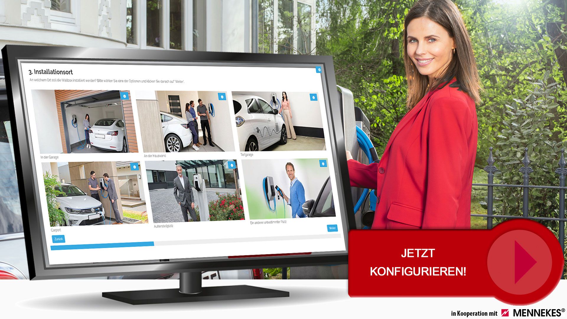 Mit wenigen Klicks zum gewünschten Wallbox-Angebot Frau in rotem Blazer steht an einer Wallbox, daneben Monitor mit Wallbox-Konfigurator und Installationsorten.